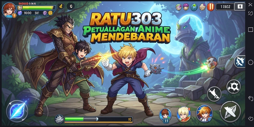Screenshot menampilkan aksi program RATU303 dengan karakter anime yang dinamis.